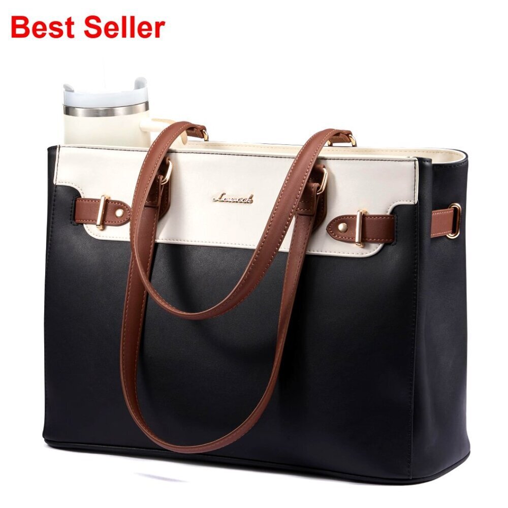 Waterproof Leather Laptop Tote Bag with Large Cup Holder, Fits 17.3 Inch